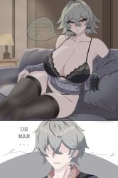 artzyzen big_breasts busty_female caesar_king eyeless_male green_hair grey_hair horny_male lacy_bra laizent_art male/female panties shirt_down short_hair stockings_thigh_highs talking_to_another thick_thighs wide_hips wise_(zenless_zone_zero) zenless_zone_zero