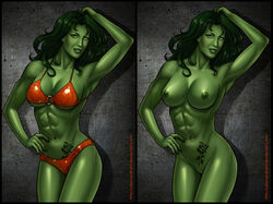 1girls abs armpits avengers big_breasts bikini breasts cameltoe female female_only green_eyes green_hair green_skin hulk_(series) marvel marvel_comics nipples nude pussy salamandra salamandra88 sexy_armpits she-hulk solo tattoo