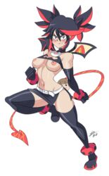 bigdeadalive black_gloves black_hair black_legwear blue_eyes blush clothing collar cosplay demon demon_girl demon_tail demon_wings demoness disgaea elbow_gloves etna etna_(cosplay) female gloves kill_la_kill living_clothes mankanshoku_mako matoi_ryuuko navel nipples senketsu side_slit sidelocks simple_background skirt solo succubus sweat sweatdrop tail thighhighs tied_hair twintails two_tone_hair white_background wide_hips wings