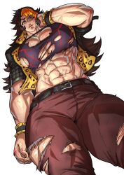 2026 2d_(artwork) abs bracers breasts cleavage commission_art digital_drawing_(artwork) injured jacket leopard_print long-haired_female midriff multi_eye muscles muscular_female navel one_arm_up orange-eyed_female original_character pants ripped_clothing ripped_pants ripped_shirt two-tone_hair virgoart1509 yvonne_(r_three_nn)