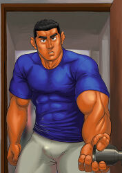 1boy 2014 ai_samurai bara black_hair blurry_background bulge dark_skin gay male male_only muscular nipples_visible_through_clothing original solo thick_eyebrows yaoi