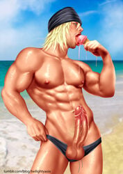 1boy abs balls bara beach biceps blonde blonde_hair blonde_pubic_hair blue_eyes erection facial_hair final_fantasy final_fantasy_xiii food holding_object holding_underwear human human_only ice_cream juhanart licking looking_at_viewer male male_chest male_nipples male_only muscle muscles muscular muscular_male nipples ocean outdoors pecs penis precum presenting presenting_penis public realistic shiny_skin six_pack snow_villiers solo solo_focus solo_male speedo summer toned toned_body toned_male tongue tongue_out underwear underwear_down underwear_only undressing veiny_muscles veiny_penis water wet wet_body wet_skin