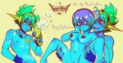 2d ahe_gao blue_skin blush captain_spaceboy dominant_male female green_hair gun male oc purple_and_blue_hair self_insert sinkaraia sintastein space_boyfriend straight yumeshipping