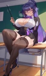 ai ai-created ai_art ai_generated big_hips big_thighs boobs breasts busty busty_female busty_woman chalkboard classroom classroom_desk classroom_setting cleavage curvaceous curvaceous_body curvaceous_female curvaceous_figure curvaceous_hips curvaceous_thighs curvy curvy_body curvy_female curvy_figure curvy_hips eyes glasses hair hips honkai_(series) honkai_impact honkai_impact_3rd hourglass_figure hourglass_figured_female hoyoverse large_boobs large_breasts large_tits long_hair long_purple_hair mature_body mature_female mature_woman mihoyo plump_boobs plump_breasts plump_tits pointer purple_hair raiden_mei raiden_mei_(herrscher_of_origin) teacher teacher_female teacher_outfit teasing_viewer thighs unbuttoned unbuttoned_shirt voluptuous voluptuous_female voluptuous_woman wearing_glasses wide_hips