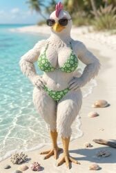 ai ai_generated beach beach_background big_breasts big_thighs bikini_top character_design chicken chicken_daisy chicken_girl cleavage easter female furry hands_on_hips hi_res high_quality seductive_eyes smile standing sunglasses thick_thighs