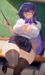 ai ai-created ai_art ai_generated big_hips big_thighs boobs breasts busty busty_female busty_woman chalkboard classroom classroom_desk classroom_setting cleavage curvaceous curvaceous_body curvaceous_female curvaceous_figure curvaceous_hips curvaceous_thighs curvy curvy_body curvy_female curvy_figure curvy_hips eyes glasses hair hips honkai_(series) honkai_impact honkai_impact_3rd hourglass_figure hourglass_figured_female hoyoverse large_boobs large_breasts large_tits long_hair long_purple_hair mature_body mature_female mature_woman mihoyo plump_boobs plump_breasts plump_tits pointer purple_hair raiden_mei raiden_mei_(herrscher_of_origin) teacher teacher_female teacher_outfit teasing_viewer thighs unbuttoned unbuttoned_shirt voluptuous voluptuous_female voluptuous_woman wearing_glasses wide_hips