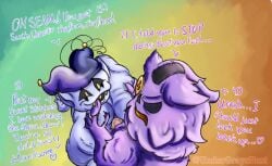 all_fours anal animate_inanimate anthro ass big_butt biped blue_body bodily_fluids button_(fastener) button_eyes cheek_tuft claws clothing darkner dated deltarune dialogue digitigrade duo ear_tuft english_text facial_tuft felid feline fellatio fluffy fool's_hat fur genital_fluids genitals gradient_background hand_on_head hat headgear headwear high-angle_view humanoid jester jevil_(deltarune) living_plushie looking_at_another looking_at_partner male male/male mammal open_mouth oral overweight overweight_male paws penetration penile penis plushie precum precum_in_ass precum_on_penis purple_body purple_fur seam_(deltarune) sex signature simple_background smooth_skin text tongue tongue_out tsundere tuft undergreysnest undertale_(series) watermark