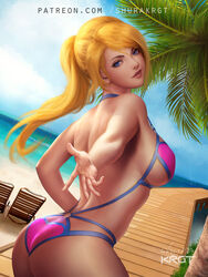 ass beach bikini blonde_hair blue_eyes breasts cleavage female female_only looking_at_viewer looking_back metroid nintendo ponytail reaching_towards_viewer samus_aran shurakrgt solo