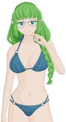 selinanovalight ways_of_darkness_(series) euphemy_sylvaine commission commissioner_upload highres official_art 1girl bikini blue_bikini braid breasts busty cowboy_shot crown_braid elf glasses green_eyes green_hair grin hand_up large_breasts long_hair looking_at_viewer navel o-ring o-ring_bikini pointy_ears simple_background smile solo swimsuit transparent_background