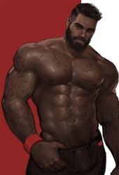 1boy beard bulge cum_gutters dark-skinned_male dark_eyes dark_hair dark_skin dopq looking_at_viewer male_only muscular muscular_male pelvic_line shirtless solo_male tattoos