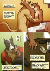 anal anthro canine chris_(meesh) clothed clothing comic cougar detailed_background dialogue english_text eyewear feline fully_clothed fur glasses group john_(meesh) little_buddy male male_only mammal meesh muscular sex smile speech_bubble standing tagme text