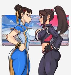 2girls akiman_pose big_breasts breast_press breasts breasts_on_breasts breasts_squeezed_together breasts_to_breasts busty capcom chun-li clothed_female dkajart fatal_fury fatal_fury:_city_of_the_wolves huge_breasts large_breasts mai_shiranui mai_shiranui_(city_of_the_wolves) sideboob snk street_fighter street_fighter_6 voluptuous_female