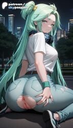1girls 2026 ai_assisted ai_generated anime artist_name ass ass_cutout big_ass booty building city city_lights cityscape denim explicit green_eyes green_hair headphones heart_cutout hi_res high_quality high_resolution highres jeans long_hair lucky_cyan night night_sky pants patreon patreon_username shoes sky skypassion sneakers stable_diffusion to_be_hero_x torn_clothes torn_jeans torn_legwear torn_pants torn_shirt torn_shorts torn_sleeves watermark