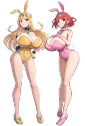 2girls alternate_costume alternate_version_available blonde_hair bow bowtie breasts breasts_bigger_than_head bunny_ears bunny_tail bunnysuit collar colored core_crystal core_crystal_(xenoblade) cuff_links fake_animal_ears fake_tail gloves gonzarez heels high_heels huge_breasts large_breasts leotard long_hair looking_at_viewer monolith_soft mythra nintendo pyra red_eyes red_hair tagme xenoblade_(series) xenoblade_chronicles_2 yellow_eyes