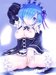 1girls :o arm_up bangs black_dress black_ribbon blue_eyes blue_hair blunt_bangs blush breasts breasts_out detached_sleeves dress female female_only frilled_sleeves frills hair_over_one_eye hairband human long_sleeves looking_at_viewer maid maid_headdress maid_uniform matching_hair/eyes nipples no_panties parted_lips pussy re:zero_kara_hajimeru_isekai_seikatsu rem_(re:zero) ribbon ribbon-trimmed_collar ribbon-trimmed_legwear ribbon-trimmed_sleeves ribbon_trim short_hair sitting solo spread_legs teruru thighhighs white_legwear wide_sleeves x_hair_ornament