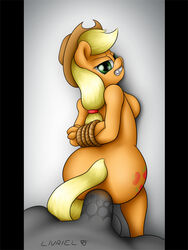 anal angry anthro anthrofied applejack_(mlp) ass balls big_balls big_penis bondage bound breasts cutie_mark forced friendship_is_magic livriel looking_at_viewer my_little_pony penis pov rope sex smooth_skin teeth wet