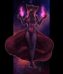 2016 anthro areola big_breasts breasts canine cosmic_skin female fox fur galaxy_girl galaxy_skin heterochromia hi_res looking_at_viewer magic mammal multi_tail navel nipples nude omesore purple_eyes purple_fur pussy red_eyes red_fur red_nipples smile solo space star