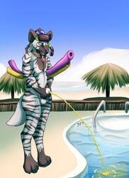 2016 anthro balls beach black_fur black_nose cloud collar day english_text equine eyewear fur goggles halapmir hi_res hybrid hyena male mammal nude orange_eyes outside peeing peeing_in_water penis sand seaside sky smile snorkel solo stripes swimming_pool teeth text tube urine water white_fur zebra