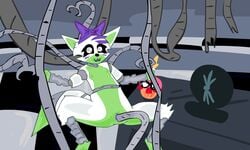 2016 :3 animatronic anthro bad_art breasts canine cupcake_(fnaf) e-01_(artist) fan_(fnaf) female five_nights_at_freddy's five_nights_at_freddy's_world fox fur green_fur hair machine mammal nipples nude purple_fur pussy pussy_juice robot simple_background small_breasts smile tangle_(fnaf) tentacle video_games white_fur