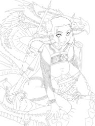 1girls artist_request avatar_legends avatar_the_last_airbender black_and_white clothing dragon female horn katara large_breasts nickelodeon skull straight_hair water_tribe