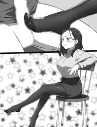 1boy balls blush censored erection female footjob male monochrome original pantyhose penis split_screen straight taekgyeon_v testicles