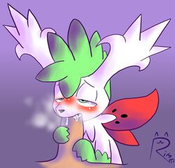 2016 black_nose blush cum cum_in_mouth cum_inside fur gradient_background green_eyes hi_res legendary_pokemon mammal nintendo oral penis pokemon pokemon_(species) rime_the_vixen sex shaymin shaymin_(sky_form) simple_background teeth video_games