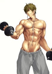 8_(yamalu) abs beige_skin bodybuilder brown_hair clothes cowboy_shot dumbbell earphones free! front_view green_eyes hair human looking_aside makoto_tachibana male male_only muscle_growth muscles muscular muscular_male penis round_ears short_hair solo standing sweat topless uncensored weightlifting weights white_background