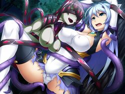 2girls arms_up blue_eyes blue_hair breasts censored clothing covered_navel game_cg katsuragi_marina kouyoku_senki_exs-tia large_breasts leg_lift leg_up long_hair lusterise magical_girl monster_girl multiple_girls open_mouth panties restrained spread_legs sweat tentacle tongue torn_clothes white_panties