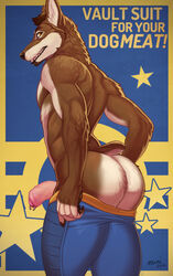 ass brown_fur bubble_butt canine claws clothed clothing cropped_tail fallout fur genital_piercing looking_at_viewer male male_only mammal omari penis penis_piercing piercing prince_albert_piercing solo teeth topless undressing video_games