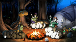 2016 absurd_res backpack bag big_breasts black_fur black_hair black_nose blue_eyes breasts brown_fur camping canine claws clothed clothing coyote duo_radon ear_piercing female fire fox fur green_eyes group hair hi_res huge_breasts hyper hyper_breasts knife lantern mammal marshmallow multi_breast multicolored_hair night nipple_bulge nipples open_mouth outside piercing purple_hair rope sharp_teeth smile stick taur teeth tent toe_claws tongue tree two_tone_hair vest white_fur wolf