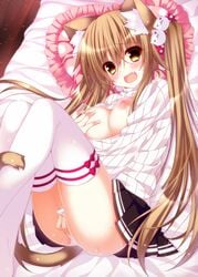 animal_ears ass between_legs blonde_hair blush breasts breasts_out cat_ears cat_tail commentary_request cute_fang female frilled_pillow frills hair_bobbles hair_ornament hand_between_legs heart heart_pillow highres large_breasts long_hair long_sleeves masturbation nipples no_bra ooji_cha open-chest_sweater open_mouth original panties pillow pleated_skirt ribbed_sweater skirt solo sweat sweater tail thighhighs tied_hair turtleneck twintails underwear very_long_hair white_legwear white_panties yellow_eyes