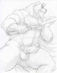 1boy 2016 action_pose animal_genitalia anthro balls bear dudebulge erection fighting_stance glans greyscale grin holding_object holding_weapon humanoid_penis katana kumatetsu low-angle_view male male_only mammal melee_weapon monochrome mostly_nude muscular nipples pencil_(artwork) penis pubes retracted_foreskin sharp_teeth sheath signature solo sword teeth the_boy_and_the_beast traditional_media_(artwork) uncut vein veiny_penis weapon