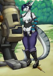 2016 anthro areola armwear belt blithedragon blue_eyes blue_hair blue_nipples boots breasts clothed clothing exposed_breasts eyewear female fish footwear gills goggles grey_skin hair looking_at_viewer machine marine nipples outside pants pussy robot screwdriver shark slit_pupils smile solo tools tree undressing