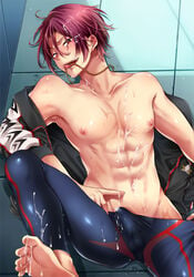 1boy barefoot bulge cum free! male_only muscle penis red_eyes red_hair rin_matsuoka sharp_teeth_male shouno_kotarou swim_trunks topless undressing yaoi