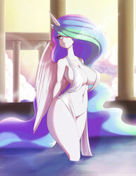 alicorn anthro breasts curvy equine feathers female friendship_is_magic furry hair_over_one_eye horn large_breasts long_hair multicolored_hair my_little_pony navel parted_lips princess_celestia_(mlp) purple_eyes skecchiart solo sparkle sunlight tail water white_fur white_wings wide_hips wings