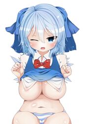 absurdres areola_slip areolae belly blue_eyes blue_hair blush bow breasts cirno female hairbow highres ice ice_wings large_breasts looking_at_viewer navel nipples one_eye_closed open_mouth panties plump see-through solo striped striped_panties takashi_(nekoro) touhou underwear white_background wings