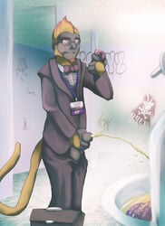 1boy 2016 anthro balls bathroom beard blue_eyes bow_tie briefcase brown_fur cellphone clothed clothing english_text eyewear facial_hair fur glasses graffiti halapmir hi_res inside male male_only mammal monkey peeing penis phone primate solo star suit text toilet urine