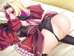 1girls ass azarin bed black_bow black_legwear black_panties black_thighhighs blonde_hair blush bow censored closed_mouth clothing female female_only frills frown game_cg hair_ornament hairbow headdress kneeling kouyoku_senki_exs-tia kouyoku_senki_exs-tia_2 long_hair lusterise orange_eyes panties pillow pussy solo thighhighs