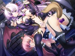 2girls all_fours ass black_gloves black_legwear black_thighhighs blush bondage breasts butt_plug_tail buttplug buttplug_tail censored closed_mouth clothing double_penetration ekusutia_chevalier elbow_gloves fake_tail female flower frills game_cg gloves hair_flower hair_ornament horn horns humiliation katsuragi_marina kouyoku_senki_exs-tia kouyoku_senki_exs-tia_2 long_hair looking_at_viewer lusterise multiple_girls nipple_piercing nipples open_mouth peeing peeing_self piercing pink_hair ponytail purple_eyes pussy sex_toy sitting smile tail tattoo thighhighs tied_hair whip white_hair wings