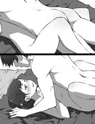 1boy 1girls blush female lying male missionary monochrome nude on_back original pussy sex split_screen straight sweatdrop taekgyeon_v twintails vaginal_penetration
