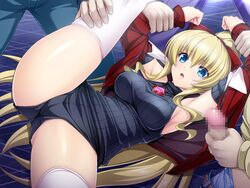 black_panties blonde_hair blue_eyes bow censored clothing ekusutia_chevalier female game_cg hair_ornament hairbow kouyoku_senki_exs-tia kouyoku_senki_exs-tia_2 leg_lift leg_up lips long_hair long_sleeves lusterise open_mouth open_vest panties penis pink_lips ponytail red_bow red_vest restrained sleeveless solo_focus spread_legs sweater tied_hair tongue white_legwear white_thighhighs