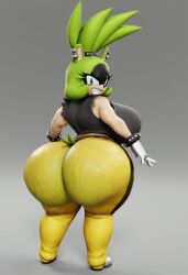 1girls 3d 3d_model ai ai_generated back_view big_ass big_breasts big_butt earrings female female_only green_body green_fur green_skin grin huge_ass huge_butt looking_at_viewer looking_back shirt shoes simple_background smiling_at_viewer solo solo_female sonic_(series) sonic_the_hedgehog_(idw) sonic_the_hedgehog_(series) surge_the_tenrec tagme voluptuous vulkyasha_(style) yellow_pants
