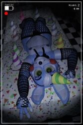 animatronic anthro blue_body bowtie buckteeth camera camera_pov camera_view fishnet_armwear fishnet_legwear fishnet_stockings fishnets five_nights_at_freddy's five_nights_at_freddy's_2 furry green_eyes hat looking_at_viewer lying_on_back lying_on_table male male_only miitro_d partially_clothed party_hat purple_eyeshadow rabbit rabbit_ears robot robot_boy solo solo_focus solo_male table thong toy_bonnie_(fnaf)