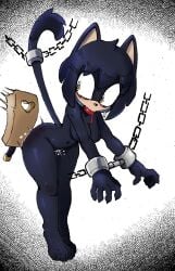 ball_gag black_fur bondage cat_ears chains clawed_fingers colono drool eyelashes_visible_through_hair featureless_breasts feline female female_focus heart_symbol paddle solo solo_female sonic_(series) sonic_oc sonic_the_hedgehog_(series) spanking spanking_paddle tail_bondage yellow_eyes