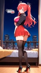 ai_generated ass black_shirt black_thighhighs boosterred99 bra collar firika_mia_shatana from_behind from_behind_position full_body heels high_heels illustrious_(stable_diffusion) legs long_hair nukidoki! pony_diffusion_xl purple_eyes red_hair red_skirt seductive_smile shirt skirt thick_thighs thighs twintails underwear