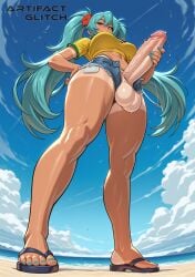 1girls absurd_res ai_generated artifactglitch beach beach_background big_balls big_breasts big_penis blue_eyes blue_hair blue_nails blue_toenails brazilian_miku dickgirl feet flip_flops flowers_in_hair foot_fetish futanari hand_on_hip hand_on_penis handjob hatsune_miku lipstick long_hair looking_at_viewer looking_down low_angle makeup pleased_expression raised_eyebrows ripped_shorts sexy_pose shirt smile tanlines tanned toes twintails underboob veiny_penis vocaloid watermark