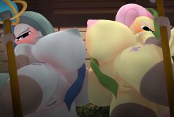 3d_(artwork) absurd_res anthro areola big_breasts biped blush breast_squish breasts breasts_frottage clothing digital_media_(artwork) duo equid equine eyebrows eyelashes female female/female fluttershy_(mlp) friendship_is_magic genitals green_eyes grey_body grey_hair hair hasbro hi_res holding_object holding_staff huge_breasts legwear looking_at_viewer low-angle_view mammal marble_pie_(mlp) mostly_nude my_little_pony nipples pink_hair pupils purple_eyes purplefondue squish staff thick_thighs thigh_highs vulva yellow_body
