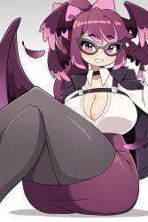 1girls adjusting_glasses big_breasts cleavage commission crossed_legs feathered_wings female female_only glasses gloves grin grinning_at_viewer hair_ribbon head_wings hi_res humanoid j5daigada looking_at_viewer pantyhose pink_eyes pink_highlights purple_hair sitting smiling smiling_at_viewer solo thick_thighs wings