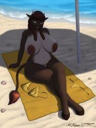 anthro areola artist_logo artist_name beach beach_towel belly big_breasts bikini bikini_bottom bikini_top bovid bovine breasts brown_areola brown_body brown_fur brown_hair brown_nipples cattle clearvision clothing eyebrows eyelashes eyeshadow female fur gold_bikini gold_swimwear hair hi_res hooves horn huge_breasts leaning leaning_backward lips logo long_hair long_tail looking_aside makeup mammal multicolored_body multicolored_fur navel nipples nude nude_anthro nude_female sand seashell shadow shell signature sitting sitting_on_towel slightly_chubby solo swimwear tail tail_tuft text thick_lips thick_thighs towel tuft two-piece_swimsuit water wave white_body white_fur yellow_eyes