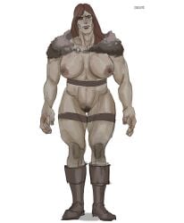 barbarian big_breasts boots fear_and_hunger female female_only full_body fur_collar genderswap_(mtf) long_hair looking_at_viewer mostly_nude muscidae muscular muscular_female muscular_thighs pubic_hair pussy ragnvaldr red_hair rule_63 solo standing thick_thighs thigh_strap uncensored